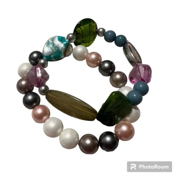 Lot of 2 Multicolored Glass Plastic Beads Elastic Bracelet - Picture 2 of 6